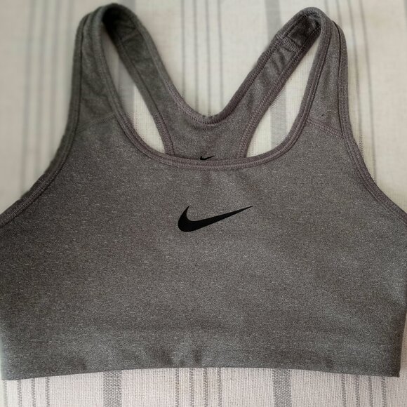 'NIKE DRI-FIT' Athletic Bra Size M Dark Gray/ Black Swoosh EUC - Picture 1 of 6